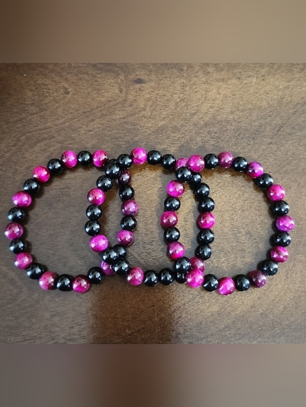 Handmade Rose Red Tiger's Eye And Black Jasper Beaded Bracelet Trio
